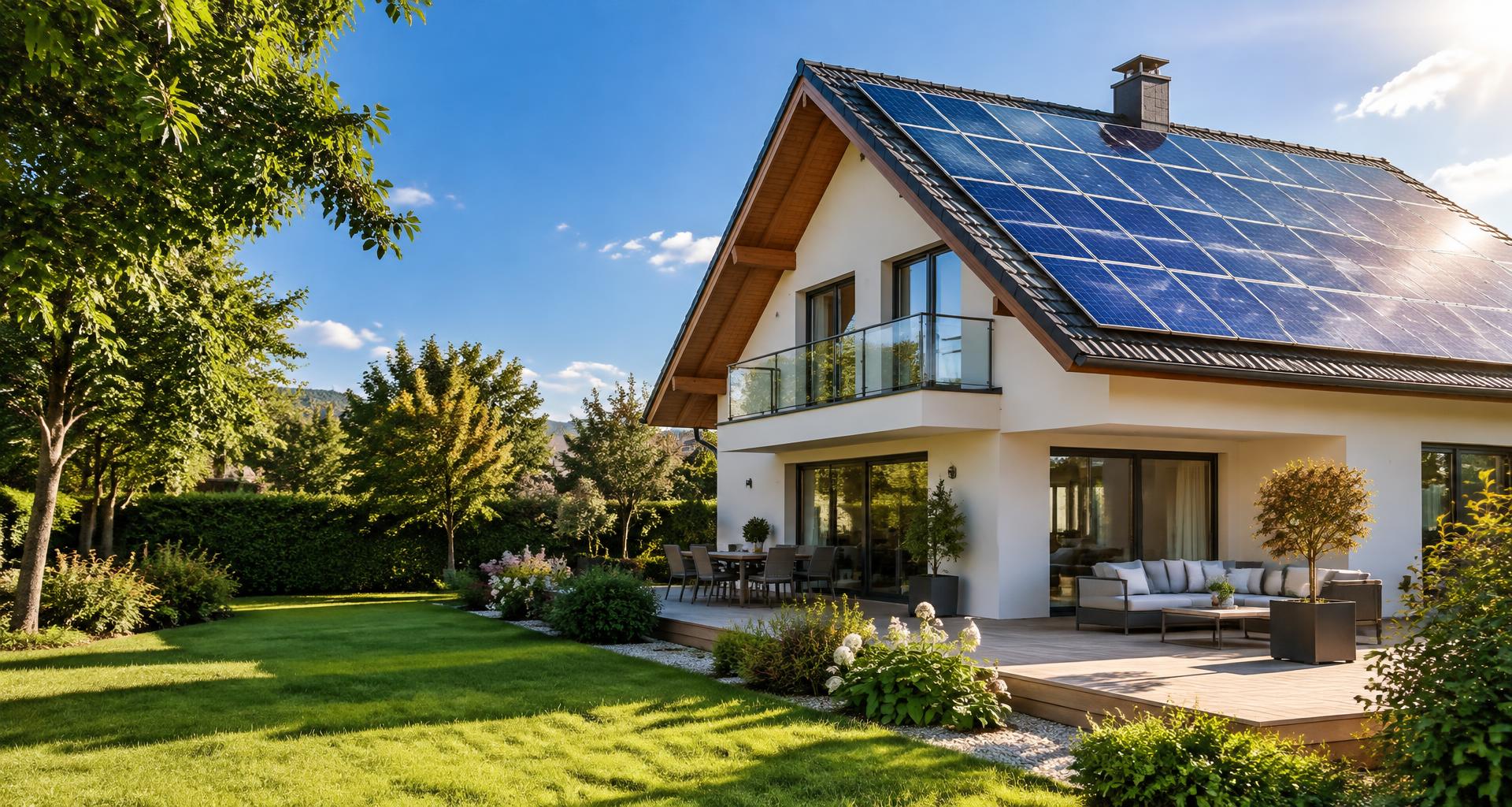 Casa com painéis solares no telhado recebendo a luz do sol